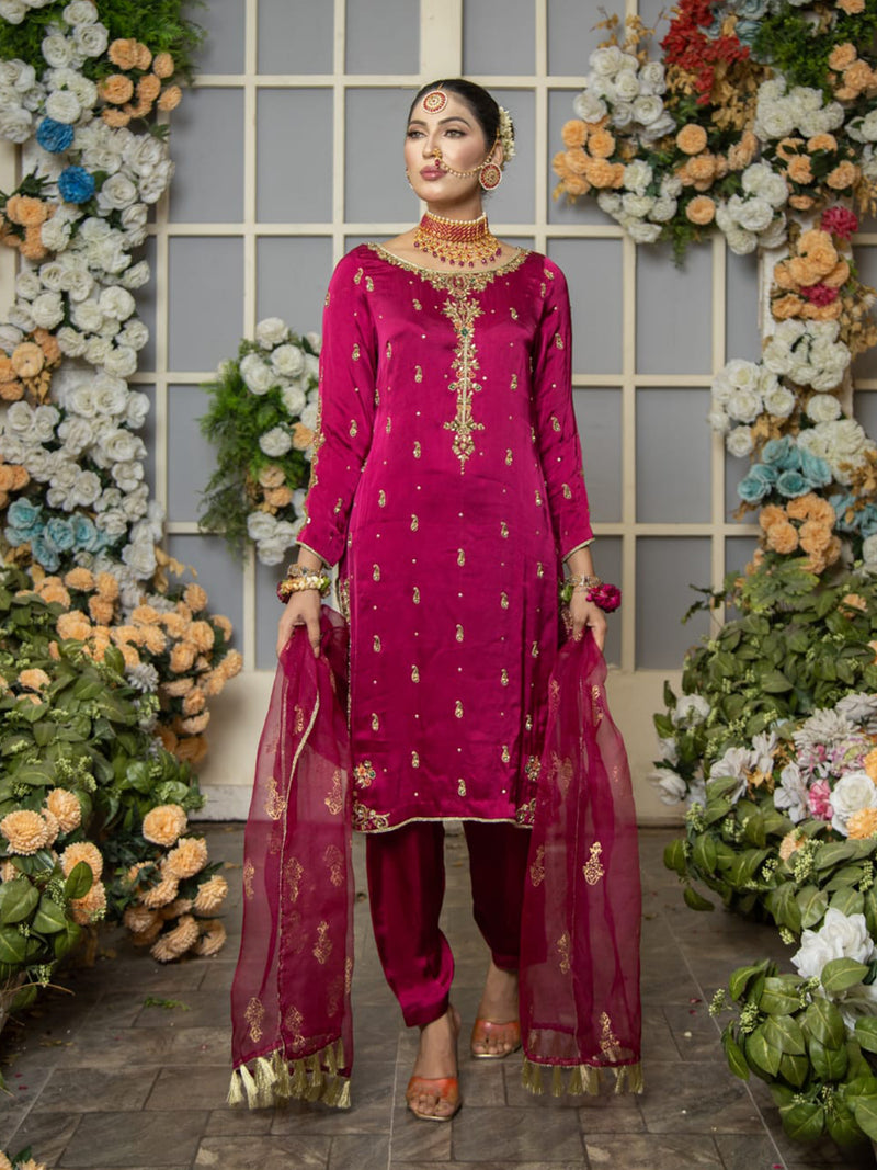 Intricately crafted pure silk plum Outfit