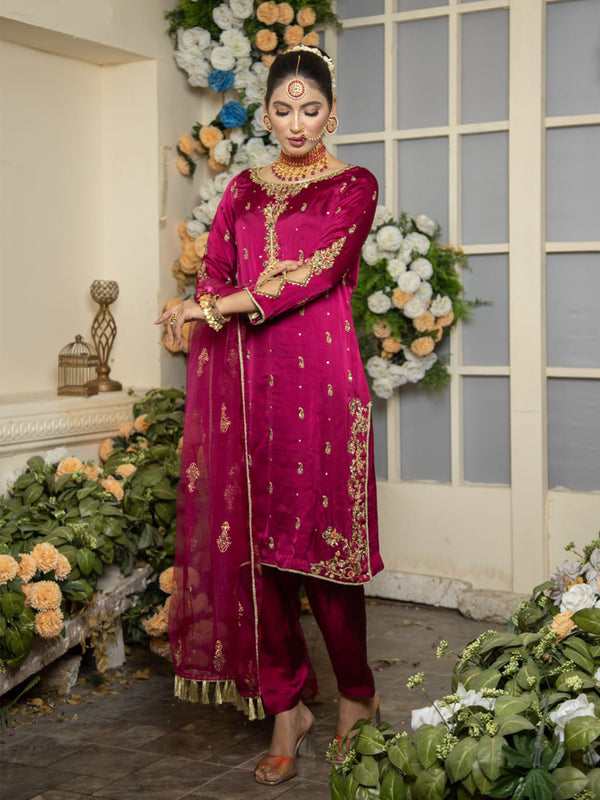 Intricately crafted pure silk plum Outfit