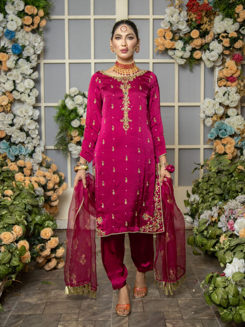 Intricately crafted pure silk plum Outfit