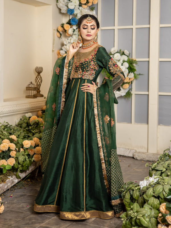 Green Raw Silk Kalidaar Peshwas Outfit