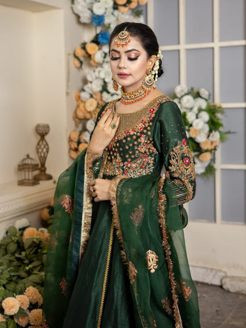 Green Raw Silk Kalidaar Peshwas Outfit