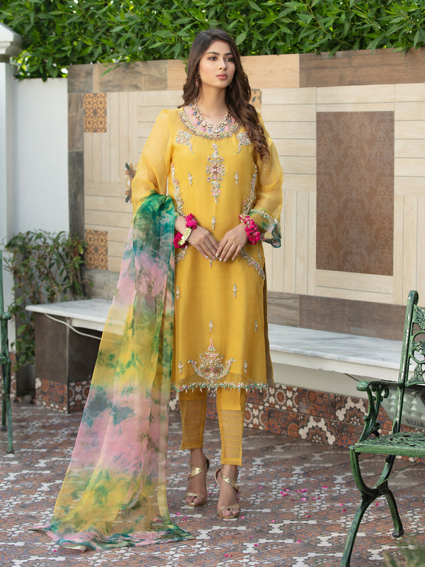 Yellow Pure Organza Suit