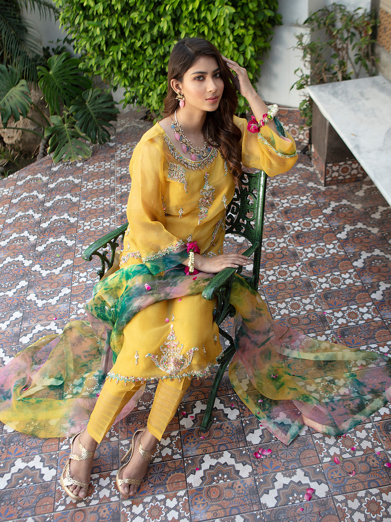 Yellow Pure Organza Suit